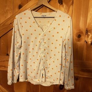 Lands End Medium (10-12) Blue White Gingham Orange Polka Dot Button‎ Front Top